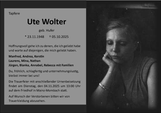 Traueranzeige von Ute Wolter von Allgemeine Zeitung Mainz