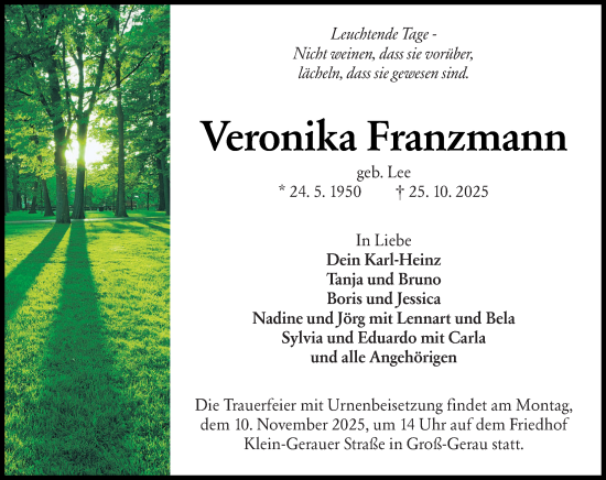 Traueranzeige von Veronika Franzmann von Groß-Gerauer Echo Traueranzeige von Veronika Franzmann von Groß-Gerauer Echo