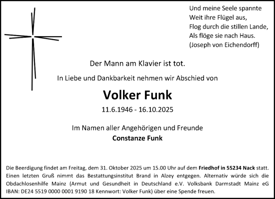 Traueranzeige von Volker Funk von Allgemeine Zeitung Alzey