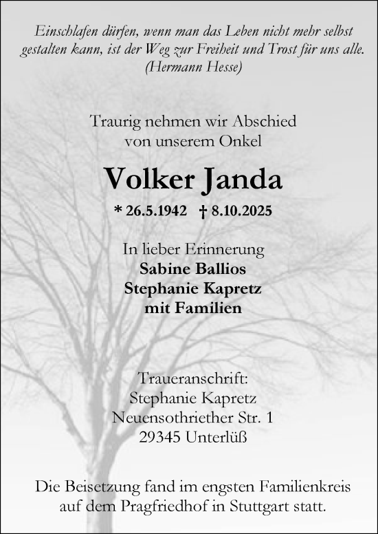 Traueranzeige von Volker Janda von Darmstädter Echo Traueranzeige von Volker Janda von Darmstädter Echo