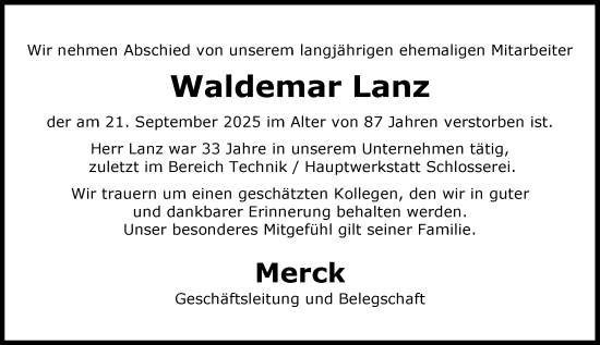 Traueranzeige von Waldemar Lanz von Darmstädter Echo