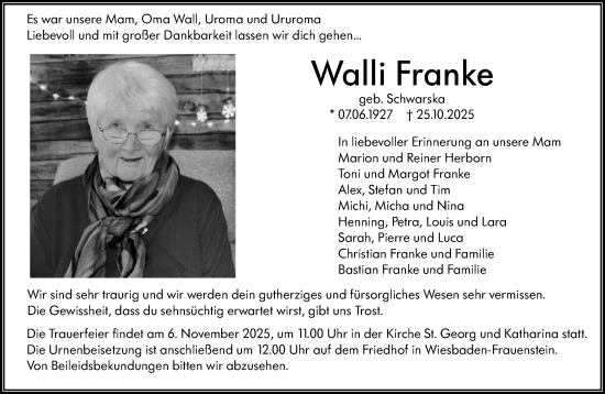 Traueranzeige von Walli Franke von Wiesbadener Kurier Traueranzeige von Walli Franke von Wiesbadener Kurier