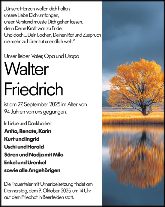Traueranzeige von Walter Friedrich von Odenwälder Echo Traueranzeige von Walter Friedrich von Odenwälder Echo