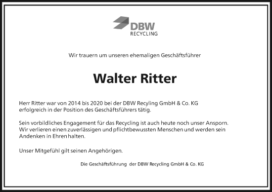 Traueranzeige von Walter Ritter von Wiesbadener Kurier Traueranzeige von Walter Ritter von Wiesbadener Kurier