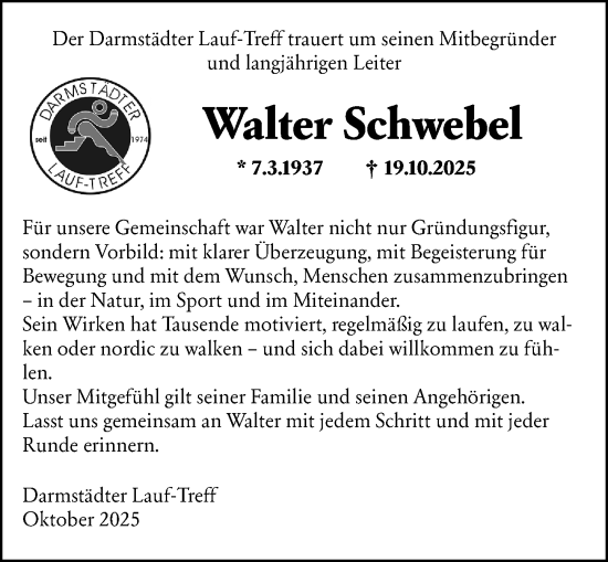 Traueranzeige von Walter Schwebel von Darmstädter Echo Traueranzeige von Walter Schwebel von Darmstädter Echo