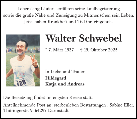 Traueranzeige von Walter Schwebel von Darmstädter Echo Traueranzeige von Walter Schwebel von Darmstädter Echo