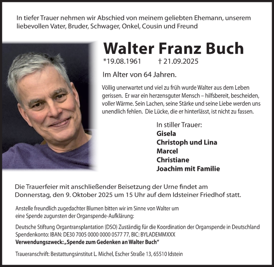 Traueranzeige von Walter Franz Buch von Idsteiner Land/Untertaunus Traueranzeige von Walter Franz Buch von Idsteiner Land/Untertaunus