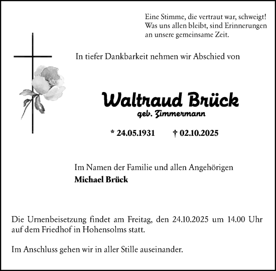 Traueranzeige von Waltraud Brück von Wetzlarer Neue Zeitung