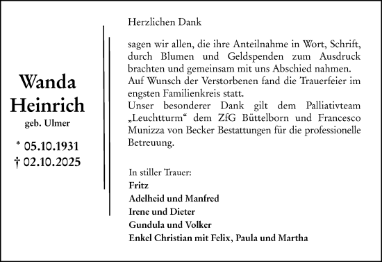 Traueranzeige von Wanda Heinrich von Groß-Gerauer Echo