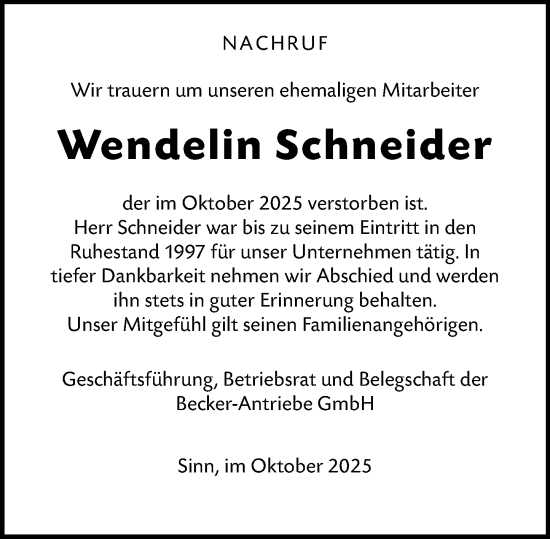 Traueranzeige von Wendelin Schneider von Dill Block Traueranzeige von Wendelin Schneider von Dill Block
