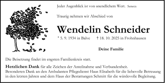 Traueranzeige von Wendelin Schneider von Dill Block Traueranzeige von Wendelin Schneider von Dill Block
