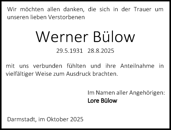 Traueranzeige von Werner Bülow von Darmstädter Echo Traueranzeige von Werner Bülow von Darmstädter Echo