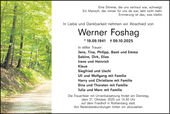 Traueranzeige von Werner Foshag von Odenwälder Echo Traueranzeige von Werner Foshag von Odenwälder Echo