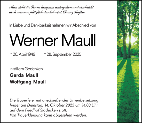 Traueranzeige von Werner Maull von Allgemeine Zeitung Mainz