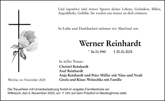Traueranzeige von Werner Reinhardt von Wetzlarer Neue Zeitung Traueranzeige von Werner Reinhardt von Wetzlarer Neue Zeitung