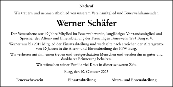 Traueranzeige von Werner Schäfer von Dill Block