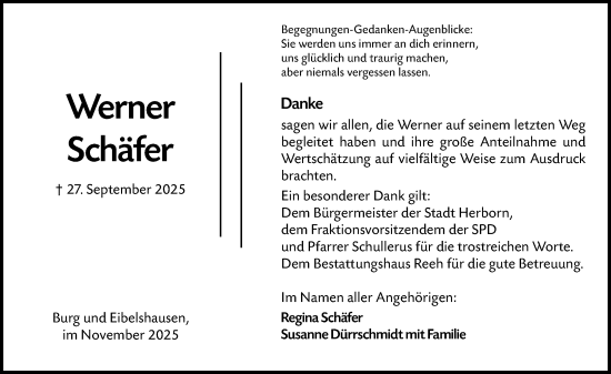 Traueranzeige von Werner Schäfer von Dill Block Traueranzeige von Werner Schäfer von Dill Block