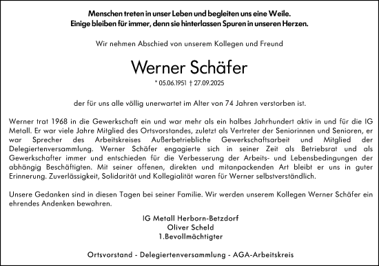 Traueranzeige von Werner Schäfer von Hinterländer Anzeiger