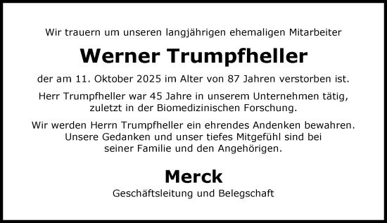 Traueranzeige von Werner Trumpfheller von Darmstädter Echo