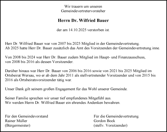Traueranzeige von Wilfried Bauer von Odenwälder Echo