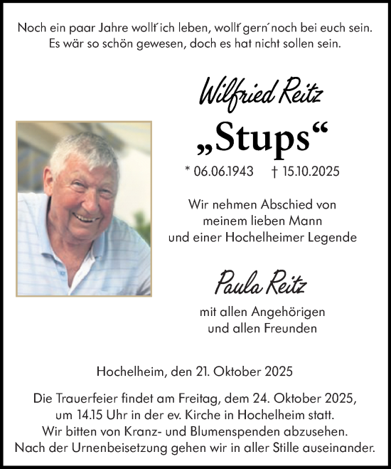 Traueranzeige von Wilfried Reitz von Wetzlarer Neue Zeitung