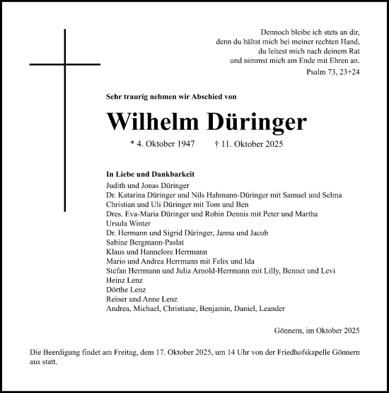 Traueranzeige von Wilhelm Düringer von Hinterländer Anzeiger