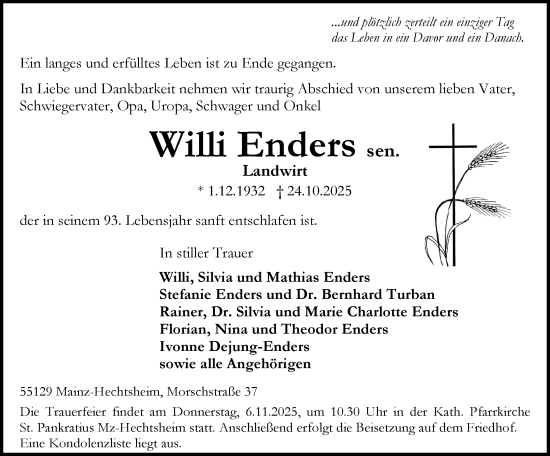 Traueranzeige von Willi Enders von Allgemeine Zeitung Mainz Traueranzeige von Willi Enders von Allgemeine Zeitung Mainz