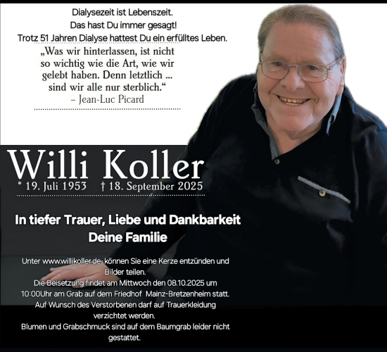 Traueranzeige von Willi Koller von Allgemeine Zeitung Mainz
