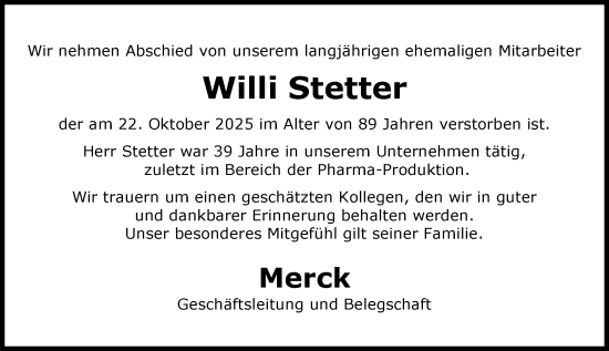 Traueranzeige von Willi Stetter von Darmstädter Echo Traueranzeige von Willi Stetter von Darmstädter Echo
