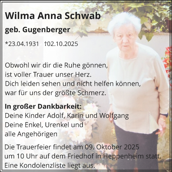 Traueranzeige von Wilma Anna Schwab von Starkenburger Echo Traueranzeige von Wilma Anna Schwab von Starkenburger Echo