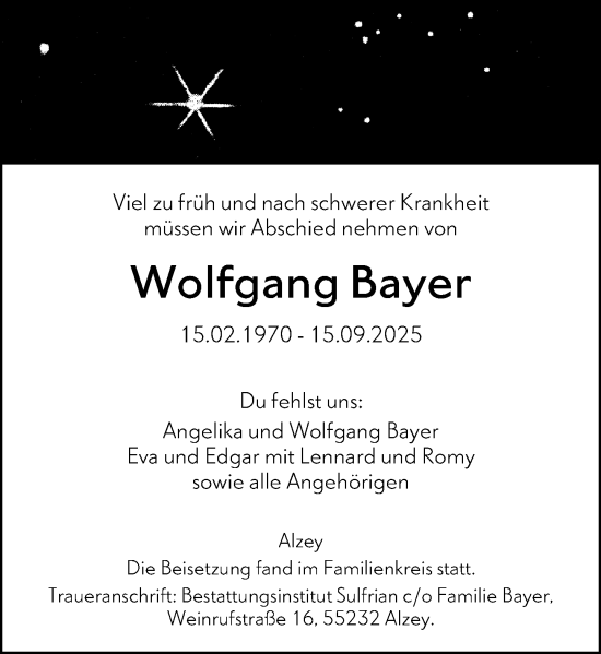 Traueranzeige von Wolfgang Bayer von Allgemeine Zeitung Alzey Traueranzeige von Wolfgang Bayer von Allgemeine Zeitung Alzey