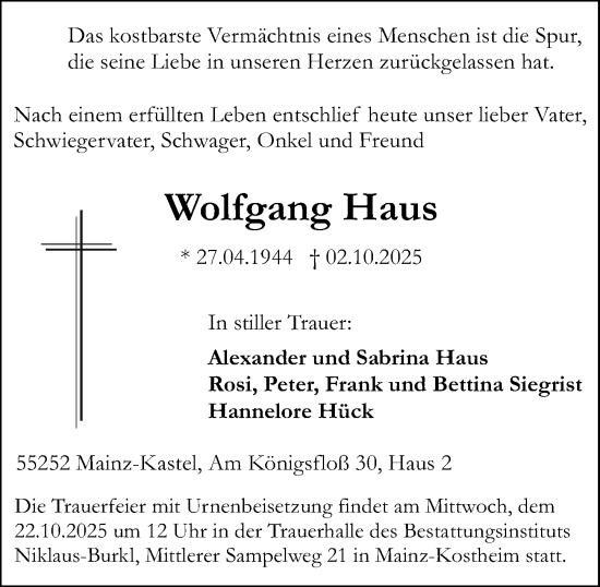 Traueranzeige von Wolfgang Haus von Allgemeine Zeitung Mainz Traueranzeige von Wolfgang Haus von Allgemeine Zeitung Mainz