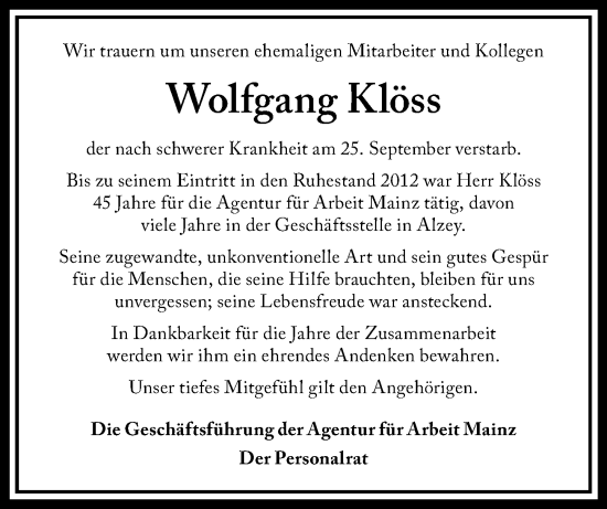 Traueranzeige von Wolfgang Klöss von Allgemeine Zeitung Alzey