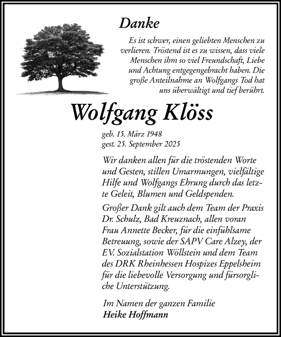 Traueranzeige von Wolfgang Klöss von Allgemeine Zeitung Alzey Traueranzeige von Wolfgang Klöss von Allgemeine Zeitung Alzey