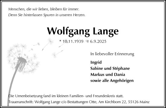 Traueranzeige von Wolfgang Lange von Allgemeine Zeitung Mainz