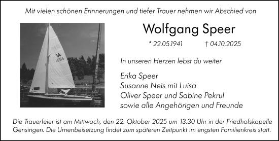 Traueranzeige von Wolfgang Speer von Allgemeine Zeitung Rheinhessen-Nahe