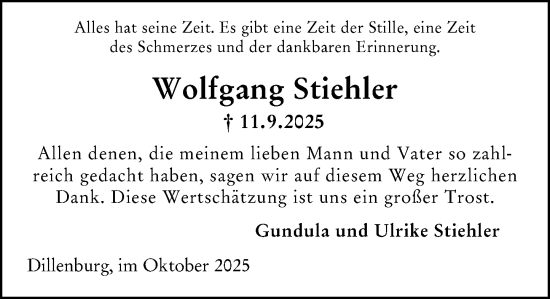Traueranzeige von Wolfgang Stiehler von Dill Block Traueranzeige von Wolfgang Stiehler von Dill Block