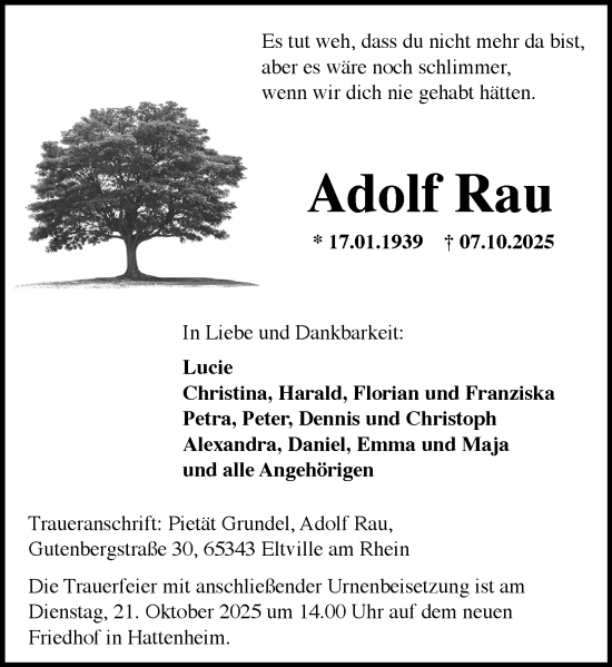 Traueranzeige von Adolf Rau von Wiesbadener Kurier