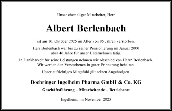 Traueranzeige von Albert Berlenbach von Allgemeine Zeitung Rheinhessen-Nahe