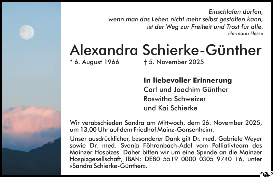 Traueranzeige von Alexandra Schierke-Günther von Allgemeine Zeitung Mainz
