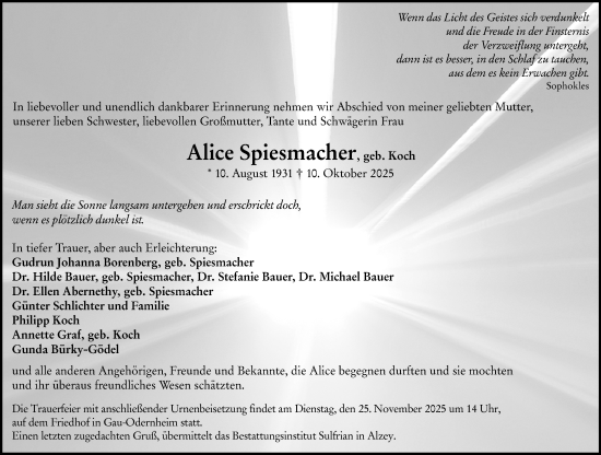 Traueranzeige von Alice Spiesmacher von Allgemeine Zeitung Alzey