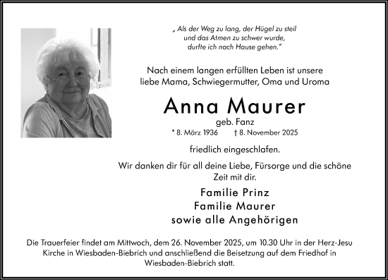 Traueranzeige von Anna Maurer von Wiesbadener Kurier