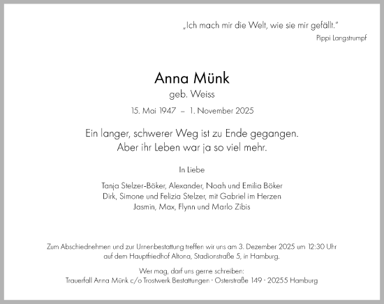 Traueranzeige von Anna Münk von Wiesbadener Kurier