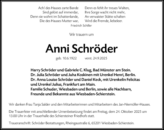 Traueranzeige von Anni Schröder von Wiesbadener Kurier