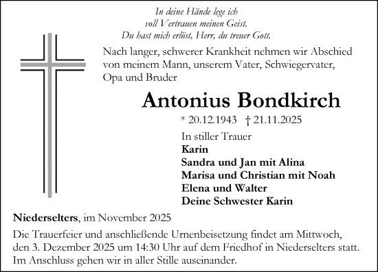 Traueranzeige von Antonius Bondkirch von Camberger Anzeiger