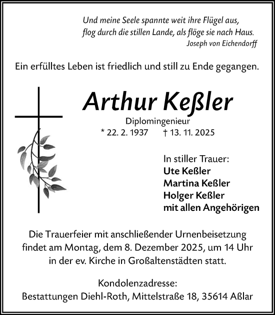 Traueranzeige von Arthur Keßler von Wetzlarer Neue Zeitung