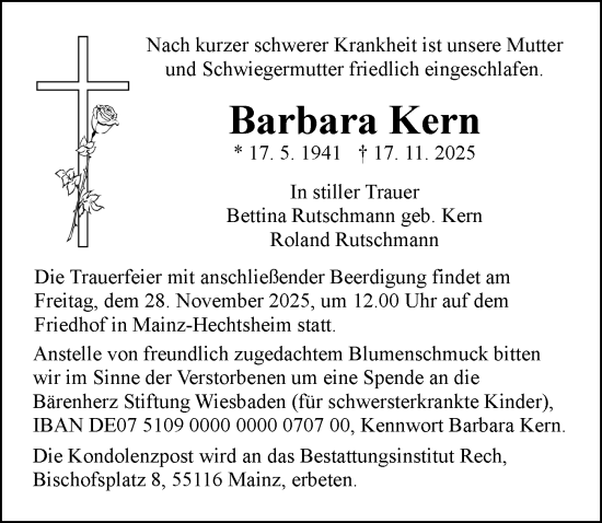 Traueranzeige von Barbara Kern von Allgemeine Zeitung Mainz