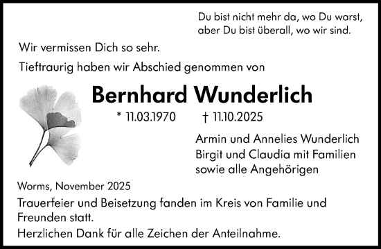 Traueranzeige von Bernhard Wunderlich von Wormser Zeitung