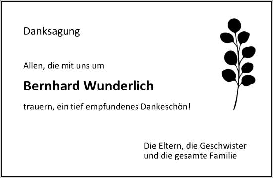 Traueranzeige von Bernhard Wunderlich von Wormser Zeitung