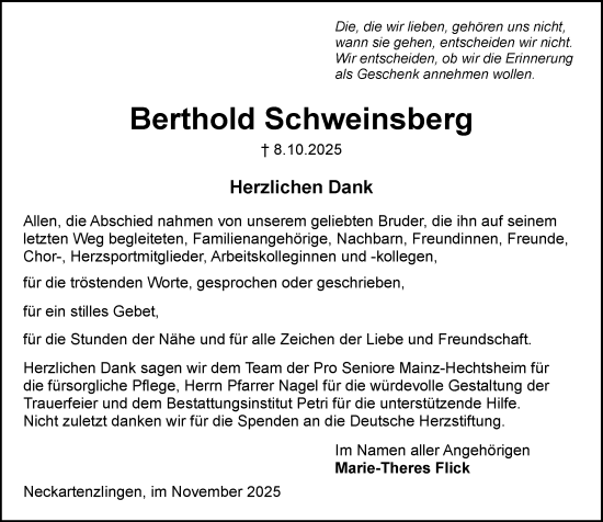 Traueranzeige von Berthold Schweinsberg von Allgemeine Zeitung Mainz
